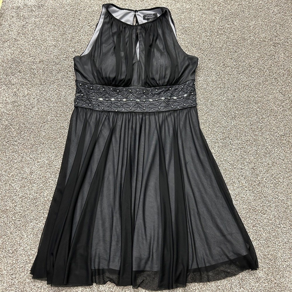 La Nouvelle Renaissance Dress Womens 16 Black Halter Beaded Fit Flare Knee Party